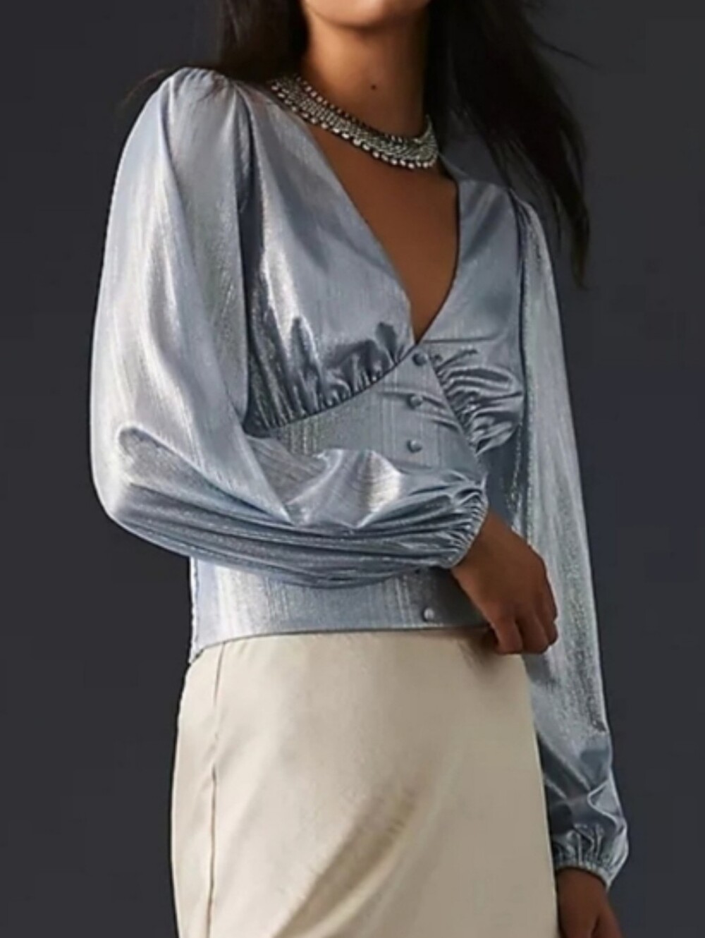 Anthropologie Flat White Liquid Shine V Neck Blouse‎ Blue Women's Medium NWT